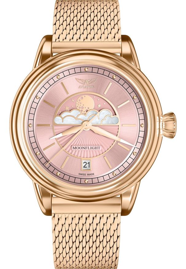 AVIATOR - Zegarek Aviator Zegarek damski Aviator V.1.33.2.258.5 różowe złoto. Kolor: złoty, wielokolorowy, różowy