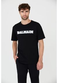 BALMAIN Czarny męski t-shirt z białym logo Retro Balmain Flock, Rozmiar XXL. Kolor: czarny. Styl: retro #1
