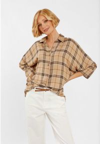 Volcano - Luźna koszula w kratę K-COMINI. Okazja: na co dzień. Kolor: beżowy. Materiał: wiskoza, materiał. Długość rękawa: długi rękaw. Długość: długie. Wzór: kratka. Styl: casual, sportowy #1