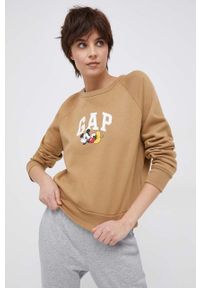 GAP bluza x Disney damska kolor brązowy z nadrukiem. Kolor: brązowy. Materiał: dzianina. Długość rękawa: raglanowy rękaw. Wzór: nadruk, motyw z bajki #1