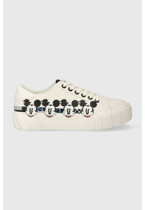 Desigual sneakersy x Disney kolor biały 23WSKP17.1000. Nosek buta: okrągły. Kolor: biały. Materiał: materiał, włókno, guma. Wzór: motyw z bajki. Obcas: na platformie