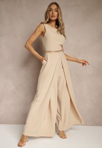 Renee - Beżowy Kombinezon Bez Rękawów z Nogawkami Wide Leg Noreldi. Okazja: na co dzień. Kolor: beżowy. Długość rękawa: bez rękawów. Styl: elegancki, casual #3