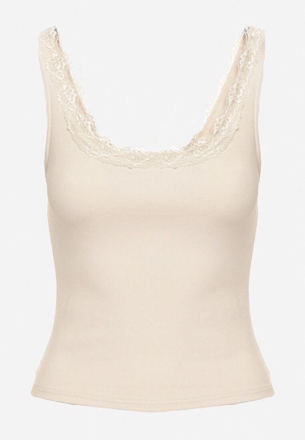 Born2be - Jasnobeżowy Bawełniany Top na Szerokich Ramiączkach Zdobiony Koronką Linenia. Okazja: na co dzień, do pracy. Kolor: beżowy. Materiał: bawełna, koronka. Długość rękawa: na ramiączkach. Wzór: aplikacja, koronka. Styl: casual, klasyczny