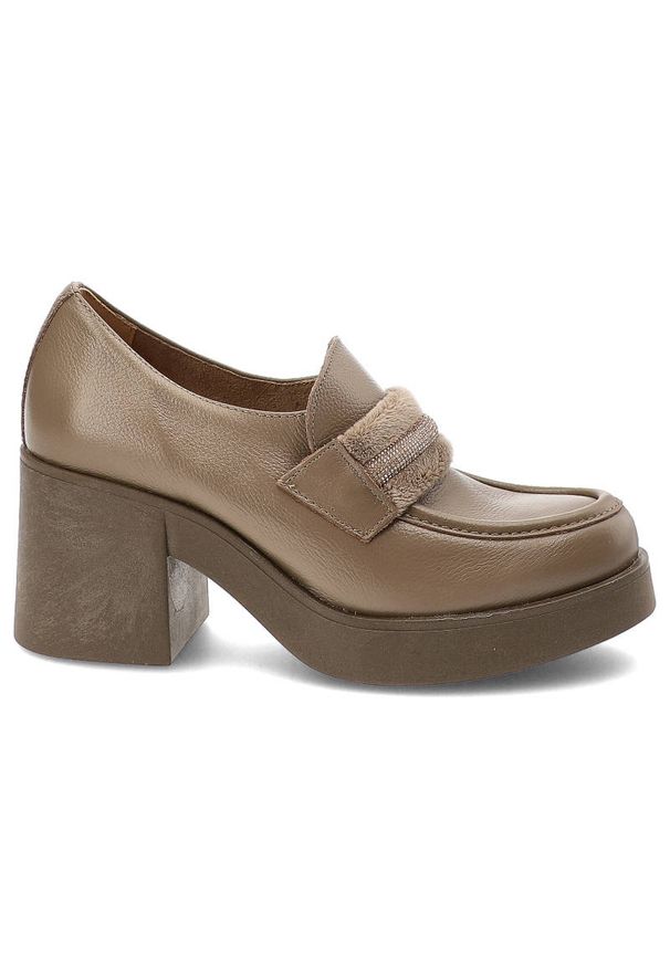 Brązowe Półbuty Lemar Wygodne Skórzane Buty Damskie. Okazja: na co dzień, do pracy. Kolor: brązowy. Materiał: skóra. Wzór: aplikacja. Obcas: na obcasie. Styl: casual, elegancki. Wysokość obcasa: średni