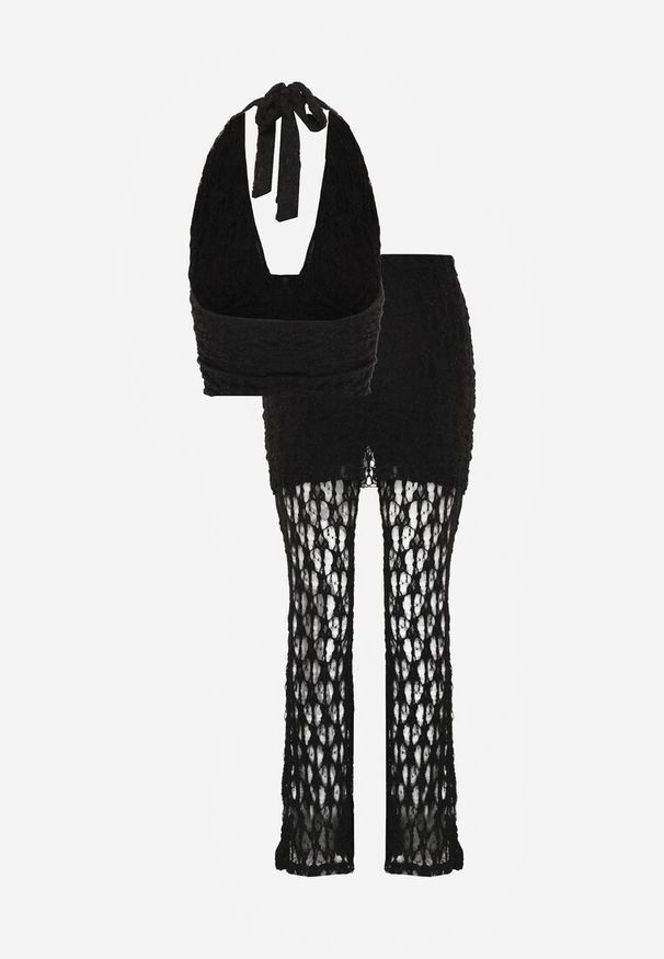 Renee - Czarny Komplet z Koronki Top Halter i Spodnie Zdobione Wszytą Spódnicą Celanix. Kolor: czarny. Materiał: koronka. Wzór: aplikacja, koronka