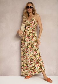 Renee - Żółto-Zielona Wiskozowa Sukienka z Dekoltem w Serek z Regulowanymi Ramiączkami i Gumką w Talii Bellastar. Typ kołnierza: dekolt w serek. Kolor: żółty. Materiał: wiskoza. Długość rękawa: na ramiączkach. Sezon: lato #5