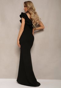 Renee - Czarna Elegancka Asymetryczna Sukienka Zakładana przez Głowę z Falbanką i Rozcięciem Adnelia. Okazja: na co dzień, na imprezę. Kolor: czarny. Typ sukienki: asymetryczne. Styl: elegancki #3