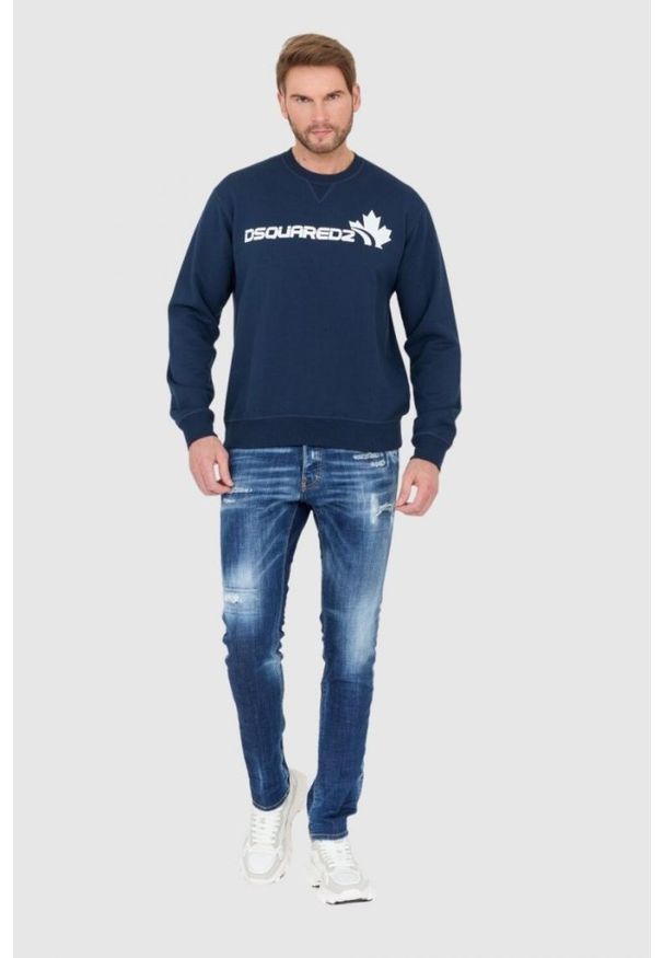 DSQUARED2 Niebieska bluza męska z białym logo z liściem, Rozmiar XL. Kolor: niebieski