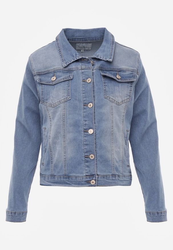 Born2be - Jasnoniebieska Jeansowa Kurtka z Przetarciami i Kieszeniami z Klapami Hazelle. Okazja: na co dzień. Kolor: niebieski. Materiał: jeans. Długość rękawa: długi rękaw. Długość: długie. Styl: casual, klasyczny