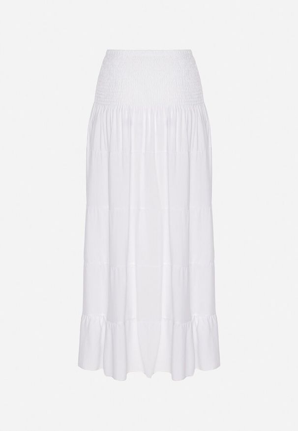 Born2be - Biała Spódnica z Wiskozą z Wysokim Stanem i Falbanami Ellimee. Okazja: na co dzień. Stan: podwyższony. Kolor: biały. Materiał: wiskoza. Styl: klasyczny, casual, elegancki