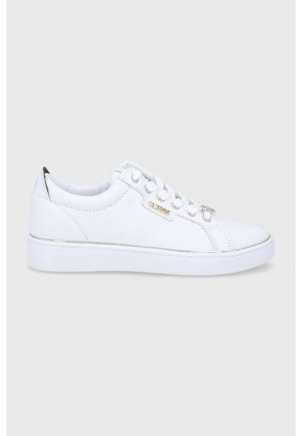Guess Buty skórzane kolor biały na płaskiej podeszwie. Nosek buta: okrągły. Zapięcie: sznurówki. Kolor: biały. Materiał: skóra. Obcas: na płaskiej podeszwie