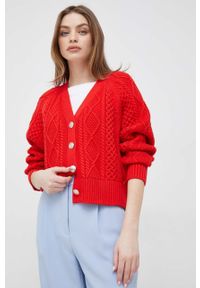 TOMMY HILFIGER - Tommy Hilfiger kardigan damski kolor czerwony ciepły. Kolor: czerwony. Materiał: dzianina. Wzór: ze splotem #1