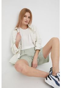 Vero Moda szorty z domieszką lnu damskie kolor zielony gładkie high waist. Stan: podwyższony. Kolor: zielony. Materiał: len. Wzór: gładki #2