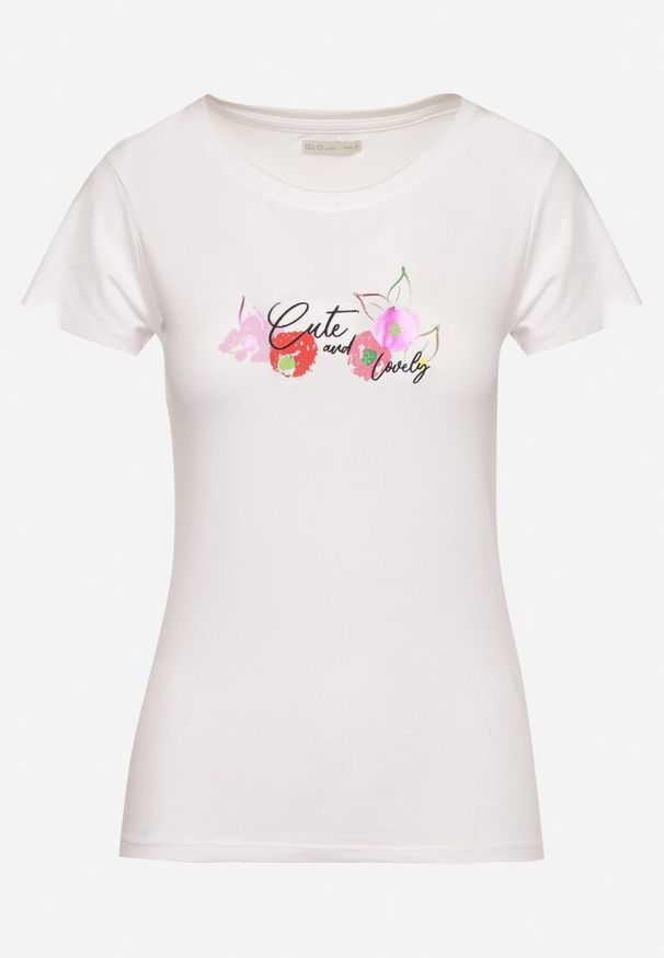 Born2be - Biało-Różowy T-shirt z Bawełny z Ozdobnym Nadrukiem Zaromeira. Okazja: na co dzień. Kolor: biały. Materiał: bawełna. Wzór: nadruk. Styl: klasyczny, casual, elegancki