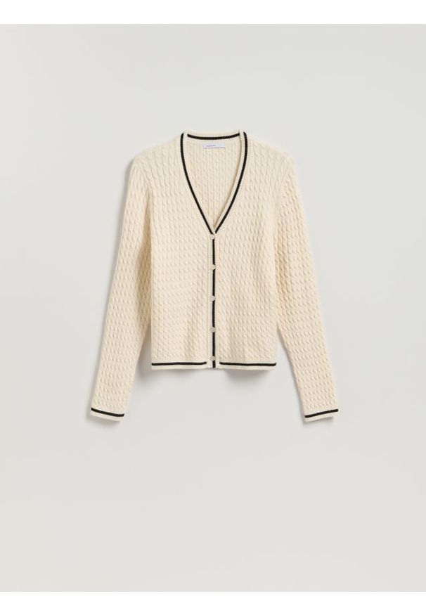 Reserved - Strukturalny kardigan z wiskozą - kremowy. Kolor: kremowy. Materiał: wiskoza