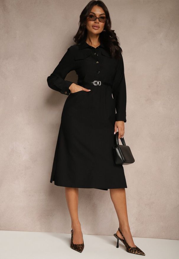 Renee - Czarna Koszulowa Sukienka z Ozdobnym Paskiem i Rozcięciami Ciarira. Okazja: na co dzień. Kolor: czarny. Materiał: skóra. Typ sukienki: koszulowe. Styl: casual, elegancki