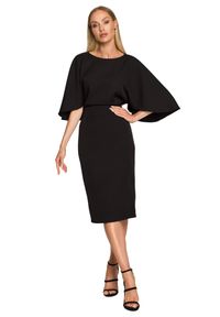 Sukienki.shop - Sukienka elegancka ołówkowa z szerokimi rękawami czarna z pelerynką. Okazja: na komunię, na wesele, na ślub cywilny. Kolor: czarny. Typ sukienki: ołówkowe. Styl: elegancki #1