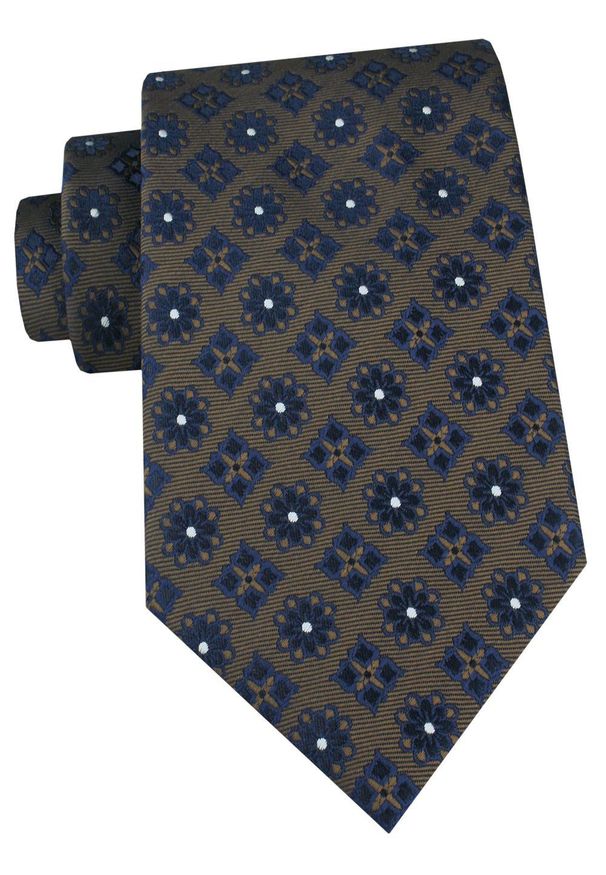 Męski Krawat - Chattier - Brązowy z Granatowymi Grochami. Kolor: wielokolorowy, brązowy, beżowy. Materiał: tkanina. Wzór: grochy. Styl: elegancki, klasyczny, wizytowy