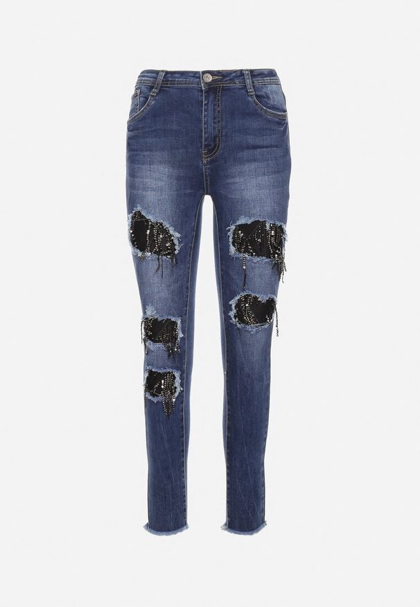 Born2be - Granatowe Jeansy Skinny z Dziurami Ozdobionymi Cyrkoniami Neeron. Stan: podwyższony. Kolor: niebieski. Długość: długie. Wzór: aplikacja