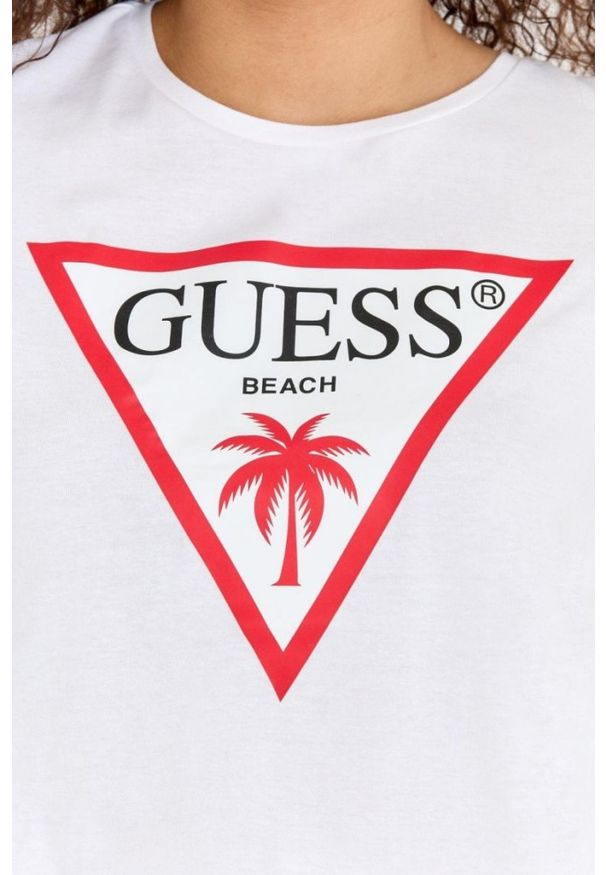 Guess - GUESS Biały krótki t-shirt damski bawełniany z surowym wykończeniem boxy fit, Rozmiar XL. Kolor: biały. Materiał: bawełna. Długość: krótkie