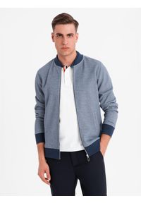 Ombre Clothing - Bluza męska bomberka z dzianiny pique – granatowa V2 - Rozmiar: XL. Okazja: na co dzień. Kolor: niebieski. Materiał: dzianina. Wzór: haft. Styl: klasyczny, casual, elegancki