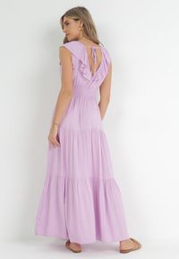 Born2be - Fioletowa Sukienka Maxi z Marszczoną Gumką w Pasie i Wiązaniem na Plecach Vaida. Typ kołnierza: kołnierz z falbankami. Kolor: fioletowy. Długość rękawa: bez rękawów. Długość: maxi #3