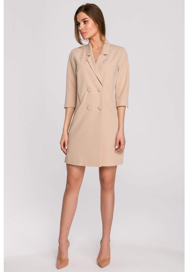 Stylove - Elegancka sukienka marynarkowa z paskiem beżowa. Okazja: na co dzień. Kolor: beżowy. Materiał: wiskoza, poliester, elastan. Typ sukienki: proste. Styl: elegancki