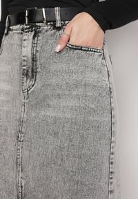 Born2be - Szara Jeansowa Spódnica Maxi z Paskiem Goergen. Stan: podwyższony. Kolor: szary. Materiał: jeans. Wzór: aplikacja #7