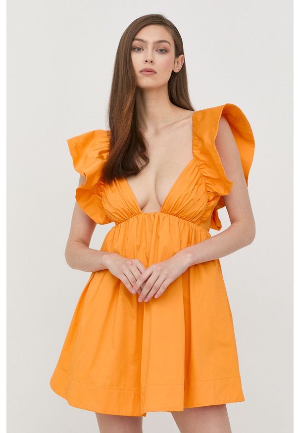 For Love & Lemons sukienka kolor pomarańczowy mini rozkloszowana. Typ kołnierza: dekolt hiszpanka. Kolor: pomarańczowy. Typ sukienki: rozkloszowane. Długość: mini