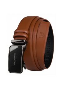 Skórzany, stylowy pasek męski w jasnobrązowym kolorze z automatyczną, czarną klamrą Peterson PTN A013-AB TAN. Kolor: brązowy, wielokolorowy, czarny. Materiał: skóra. Styl: elegancki #1