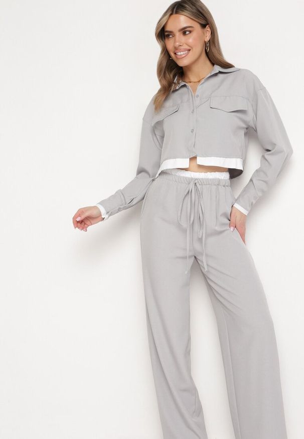 Born2be - Szary Komplet w Stylu Utility Krótka Koszula i Szerokie Spodnie z Gumką w Pasie Lysianne. Kolor: szary