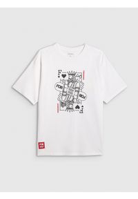 4f - 4F T-shirt loose z nadrukiem męski - biały L. Okazja: na co dzień. Kolor: biały. Materiał: dzianina, bawełna, materiał. Wzór: nadruk. Styl: casual