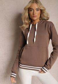 Renee - Brązowa Bluza Kangurka z Bawełny ze Ściągaczami w Paski i Kapturem Gaiana. Typ kołnierza: kaptur. Kolor: brązowy. Materiał: bawełna. Długość rękawa: długi rękaw. Długość: długie. Wzór: paski