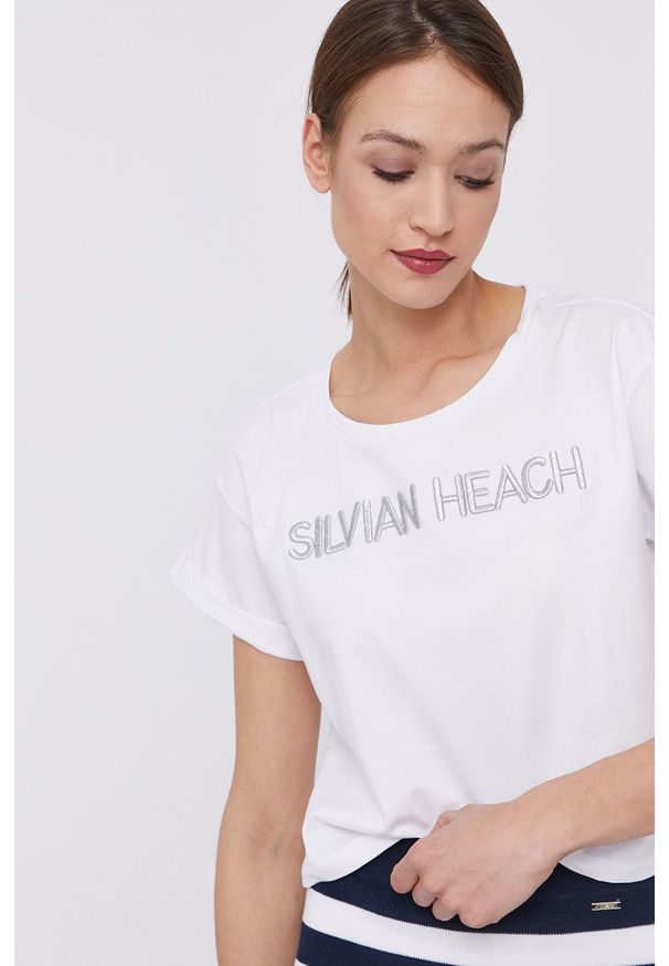Silvian Heach - T-shirt. Kolor: biały. Materiał: dzianina. Wzór: aplikacja