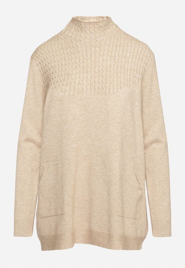 Born2be - Jasnobeżowy Sweter z Półgolfem Bawełną i Kieszenią w Stylu Kangurka Emirielia. Okazja: na co dzień, na spotkanie biznesowe, do pracy. Kolor: beżowy. Materiał: bawełna. Długość rękawa: długi rękaw. Długość: długie. Styl: elegancki, biznesowy, casual
