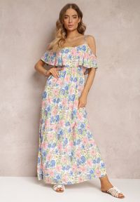 Renee - Biało-Niebieska Sukienka Maxi Bawełniana w Kwiaty z Falbanką Saranna. Kolor: biały. Materiał: bawełna. Długość rękawa: na ramiączkach. Wzór: kwiaty. Długość: maxi #4