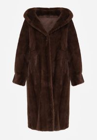 Born2be - Brązowy Płaszcz Futerko w Pionowy Wzór z Kapturem Cahroris. Typ kołnierza: kaptur. Kolor: brązowy. Materiał: futro. Styl: klasyczny, elegancki #7