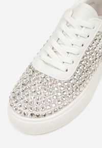 Renee - Beżowe Cyrkoniowe Sneakersy na Platformie Lilaela. Okazja: na co dzień. Kolor: beżowy. Materiał: jeans. Obcas: na platformie #5