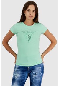 Guess - GUESS Zielony t-shirt damski z ażurowym logo. Kolor: zielony. Materiał: bawełna. Wzór: ażurowy #1