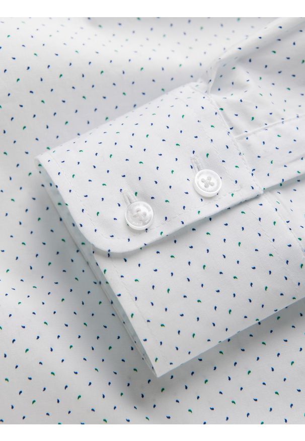 Ombre Clothing - Bawełniana koszula męska w mikro wzór REGULAR FIT - biała V1. Typ kołnierza: kołnierzyk klasyczny. Kolor: biały. Materiał: bawełna. Długość rękawa: długi rękaw. Długość: długie. Wzór: nadruk. Styl: klasyczny