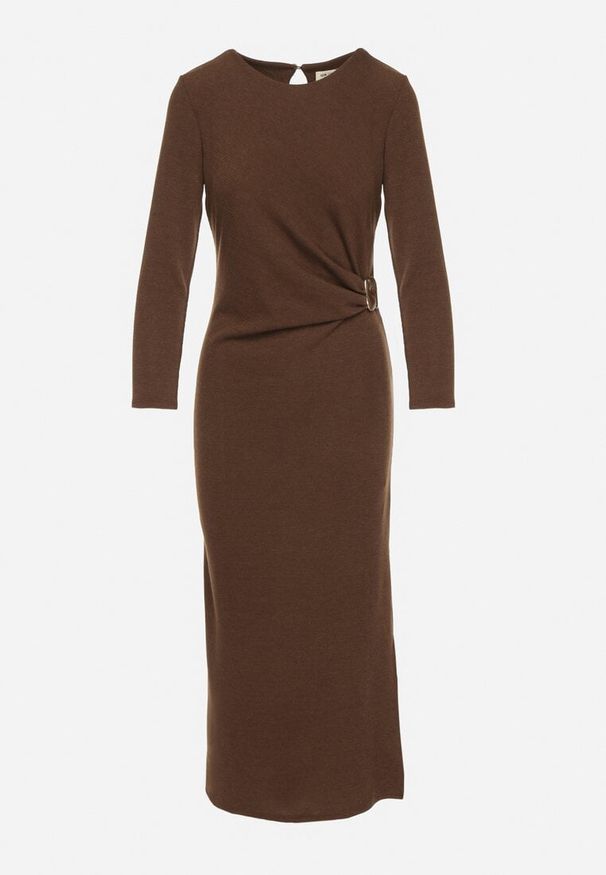 Born2be - Brązowa Dopasowana Sukienka z Wiskozą i Metaliczną Ozdobą Tivallea. Kolor: brązowy. Materiał: wiskoza. Wzór: aplikacja. Styl: klasyczny