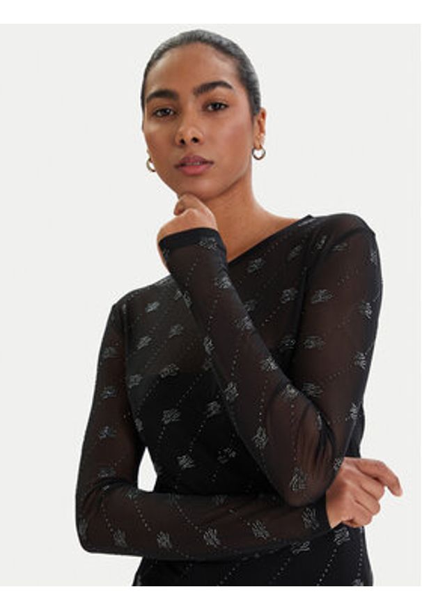 Karl Lagerfeld - KARL LAGERFELD Bluzka B1W17024 Czarny Slim Fit. Typ kołnierza: dekolt w karo. Kolor: czarny. Materiał: syntetyk