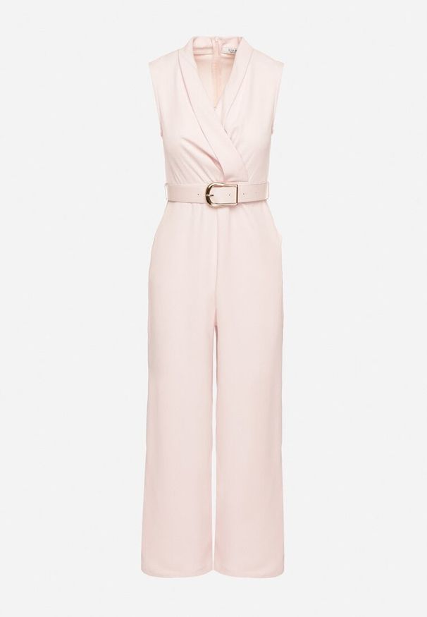 Born2be - Różowy Taliowany Kombinezon Ozdobiony Paskiem z Klamrą Tilferia. Kolor: różowy. Wzór: aplikacja. Styl: elegancki, klasyczny