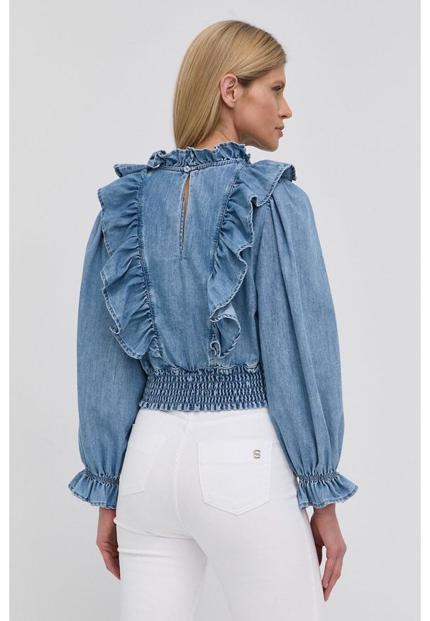 Pinko bluzka jeansowa damska gładka. Typ kołnierza: kołnierzyk stójkowy. Kolor: niebieski. Materiał: jeans. Długość rękawa: długi rękaw. Długość: długie. Wzór: gładki