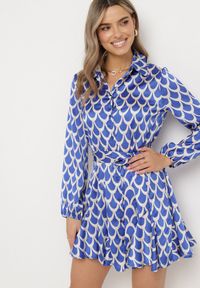 Born2be - Niebieska Koszulowa Sukienka z Wiązanym Paskiem Atheneta. Kolor: niebieski. Materiał: materiał. Wzór: nadruk. Typ sukienki: koszulowe #5