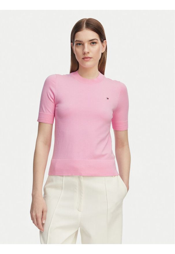 TOMMY HILFIGER - Tommy Hilfiger Sweter WW0WW49705 Różowy jasny Slim Fit. Kolor: różowy. Materiał: bawełna