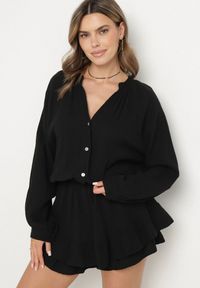 Born2be - Czarny Bawełniany Kombinezon z Elastyczną Gumką w Talii i Spódnico-Spodenkami Gleasea. Okazja: na co dzień. Kolor: czarny. Materiał: bawełna. Styl: elegancki, casual