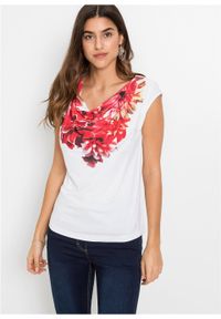 Shirt z dekoltem "wodą" bonprix biało-czerwono-brązowy w kwiatowy wzór. Typ kołnierza: dekolt woda. Kolor: biały. Wzór: kwiaty #6