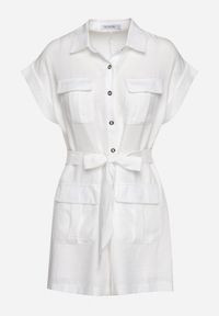 Born2be - Biały Krótki Kombinezon z Zapinany na Guziki z Wiązaniem w Talii Senadea. Kolor: biały. Długość rękawa: krótki rękaw. Długość: krótkie #4