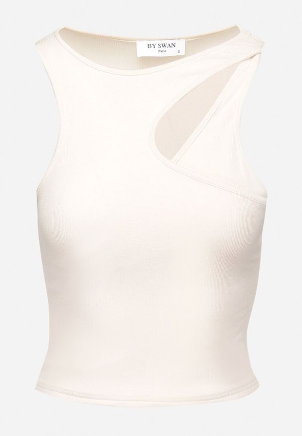 Born2be - Jasnobeżowy Bawełniany Top z Ozdobnym Wycięciem Sallire. Kolor: beżowy. Materiał: bawełna